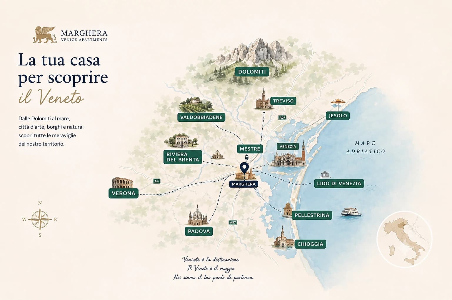 Mappa illustrata delle principali destinazioni raggiungibili da Marghera, tra Venezia, laguna e Veneto